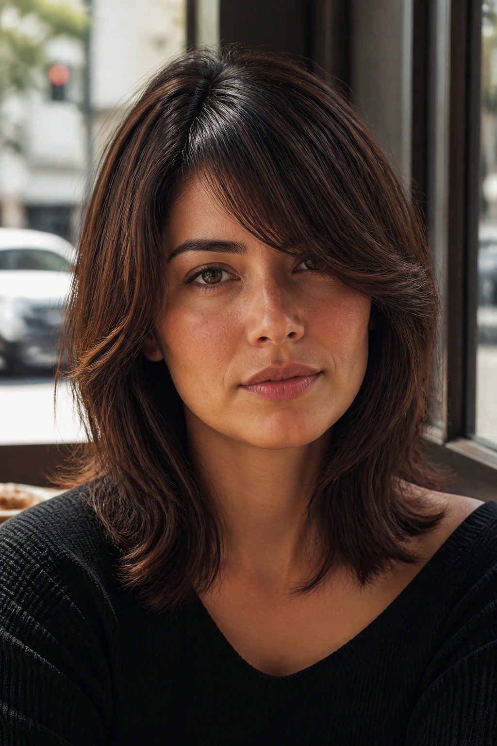 Close-up of real person with swoopy bangs and mid-length hair at cafe window
