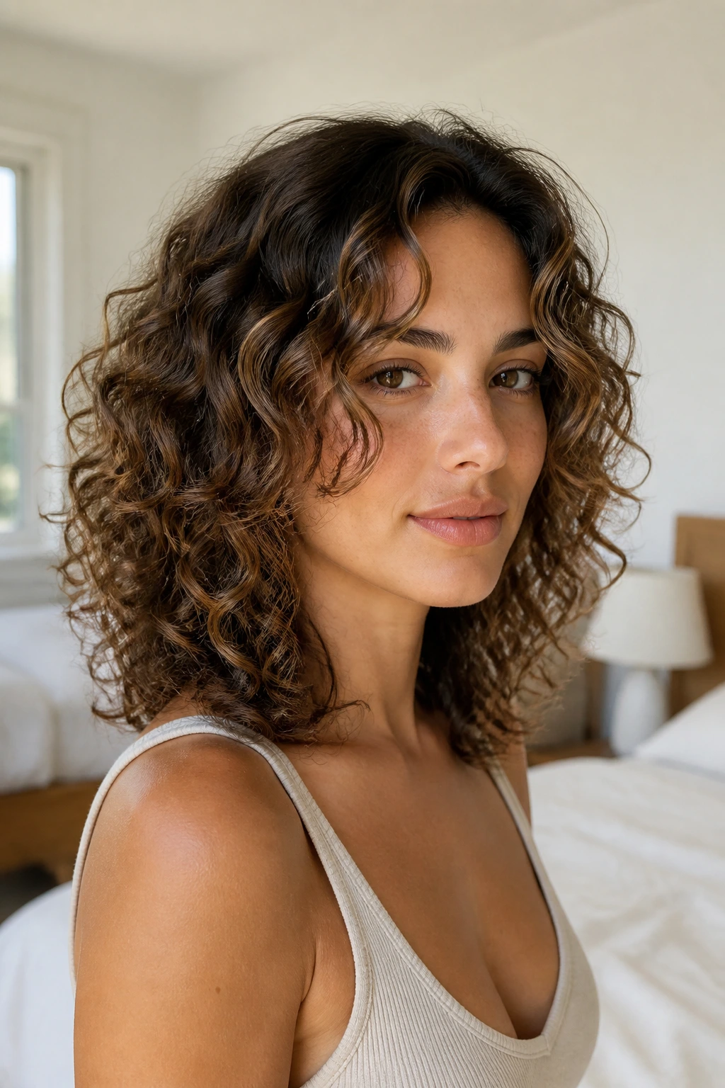 Medium-close portrait of a real woman with a mid-length U-shaped haircut and face-framing pieces