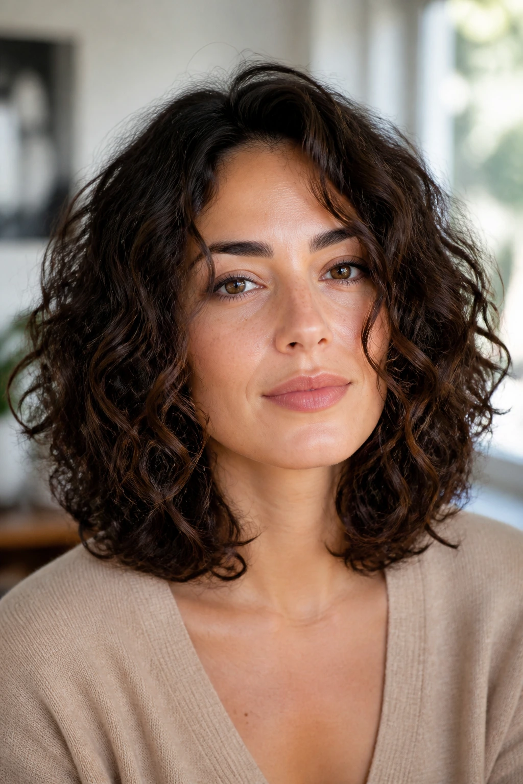 Woman with a mid-length U-shaped haircut framing the face.