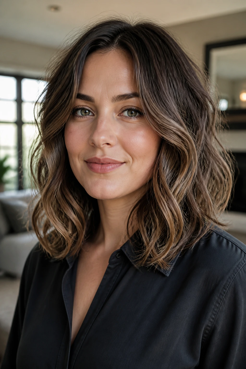 Portrait of woman with mid-length wavy cut demonstrating lengthening waves
