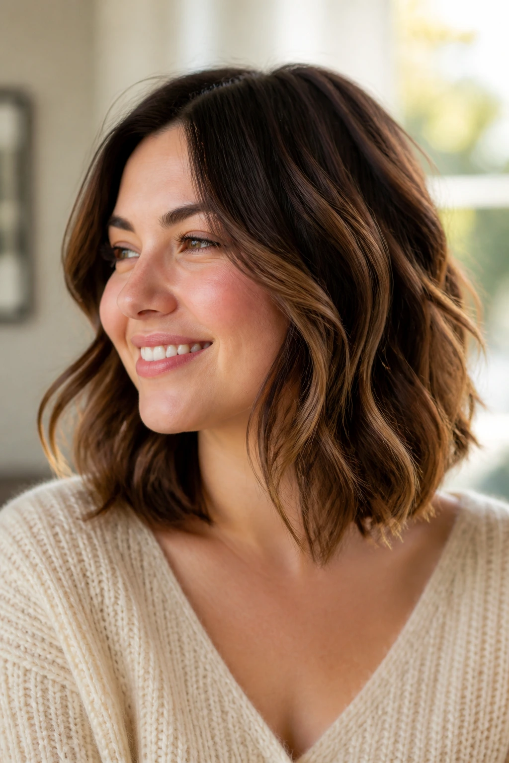 Portrait of a real woman with a mid-length wavy haircut, collarbone-length waves.