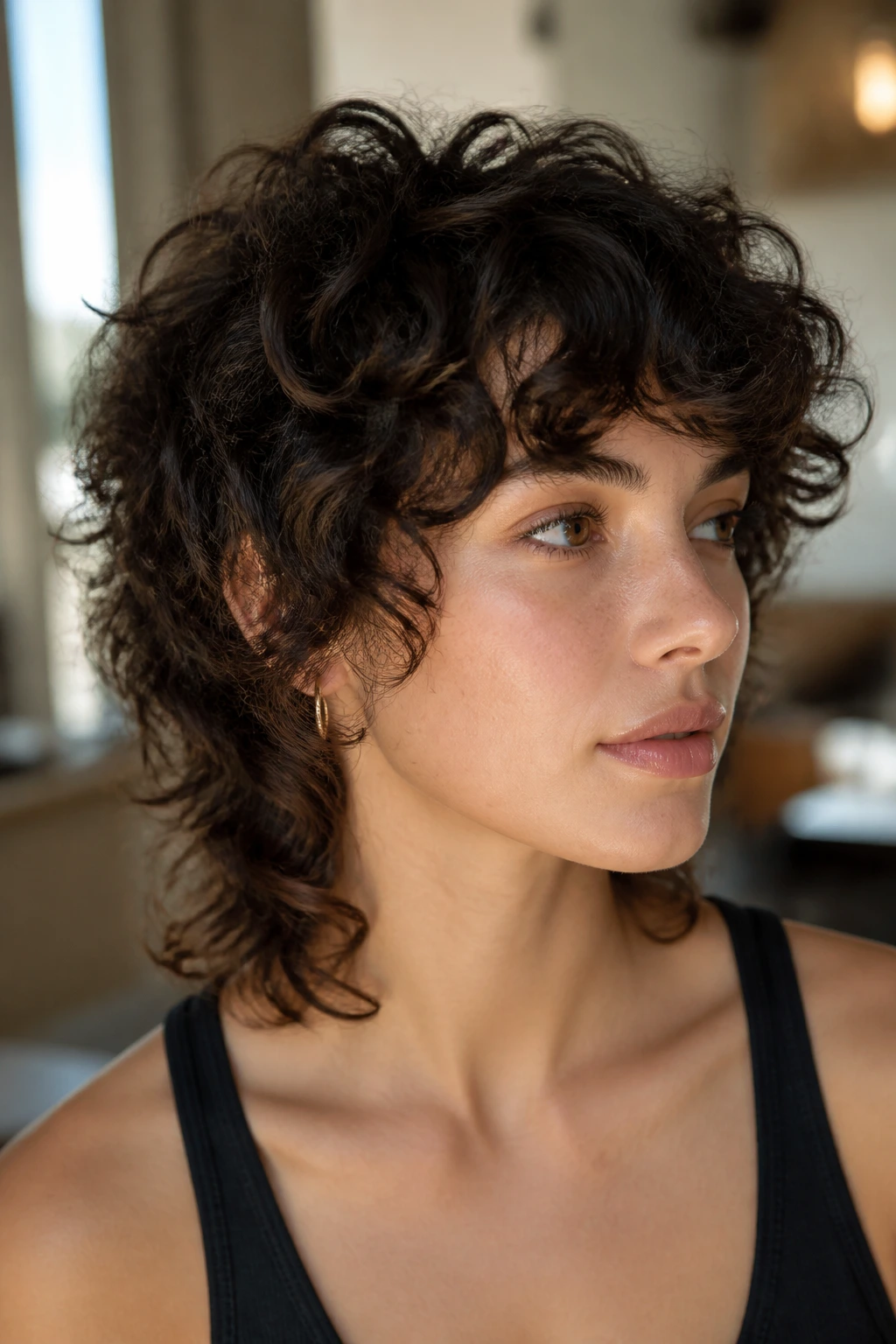 Close-up of a real woman with a mid-nape curly wolf cut showing texture and layers.
