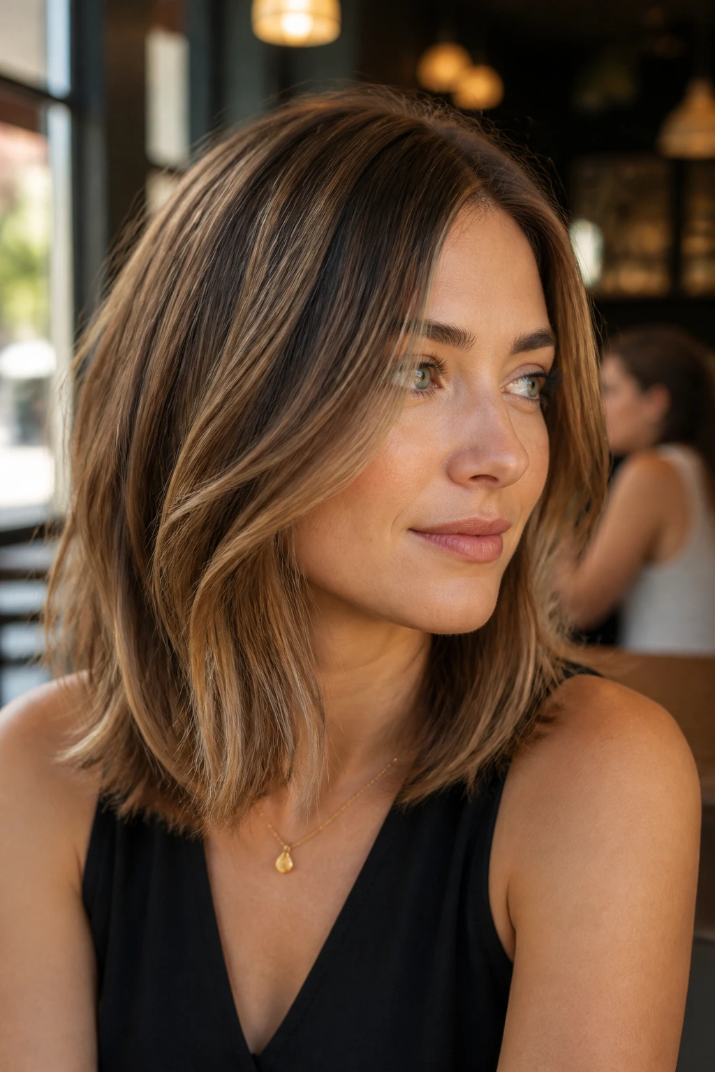 Portrait of a woman with mid-shaft layered lob showing lift in the middle of the hair