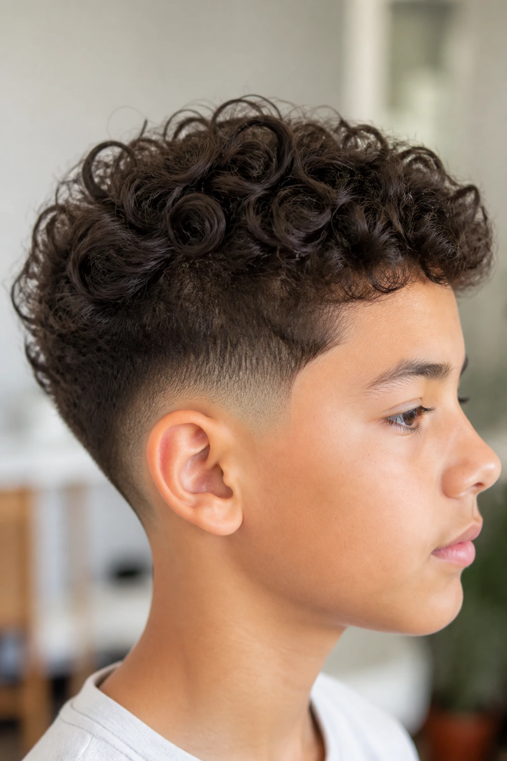 Boy with mid taper and rounded curls, close portrait