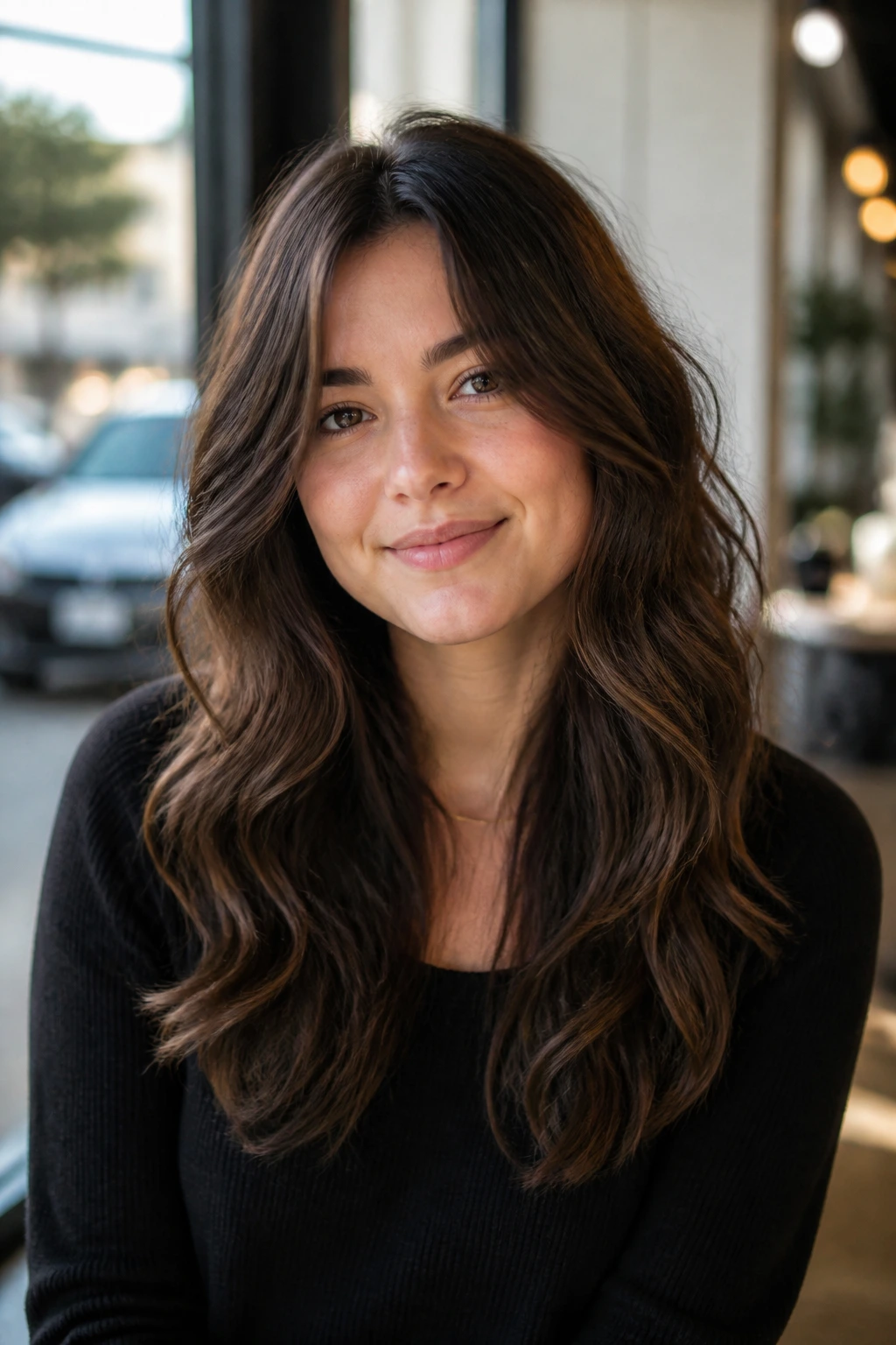 Portrait of a real woman with mid-back length layered waves for grow-out