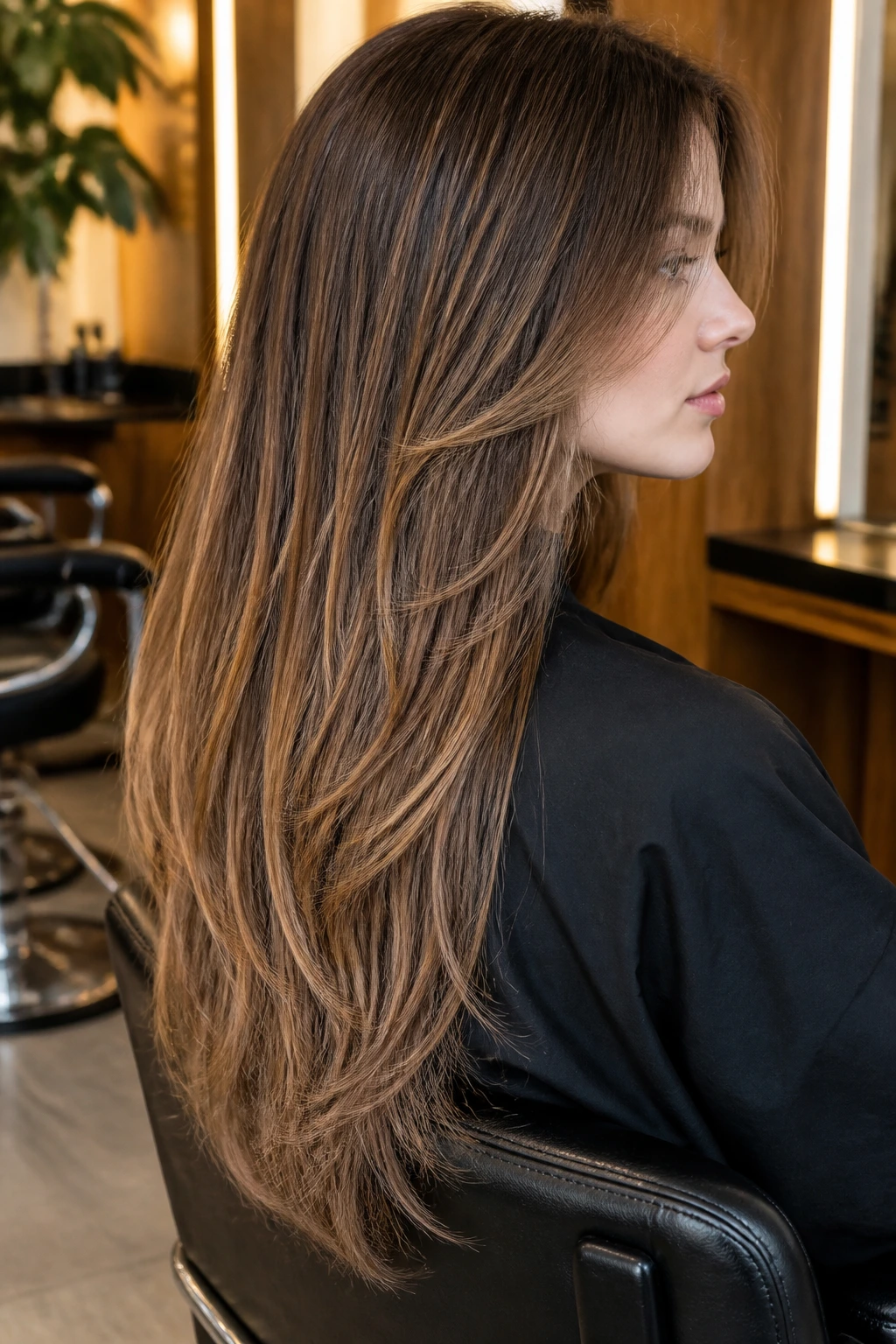 Close-up of real person showing mid-back step layers in long hair