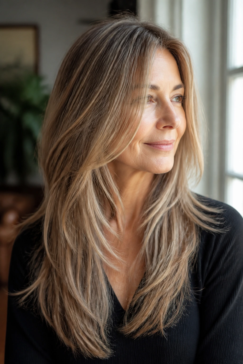 Close-up portrait of a woman with midback-length hair and thread-thin babylights