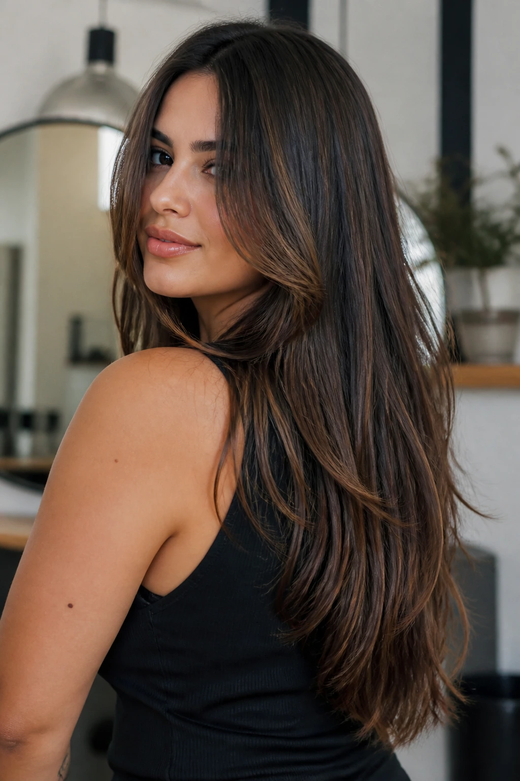 Portrait of a real person showing midback-length hair with cheekbone-length front pieces.