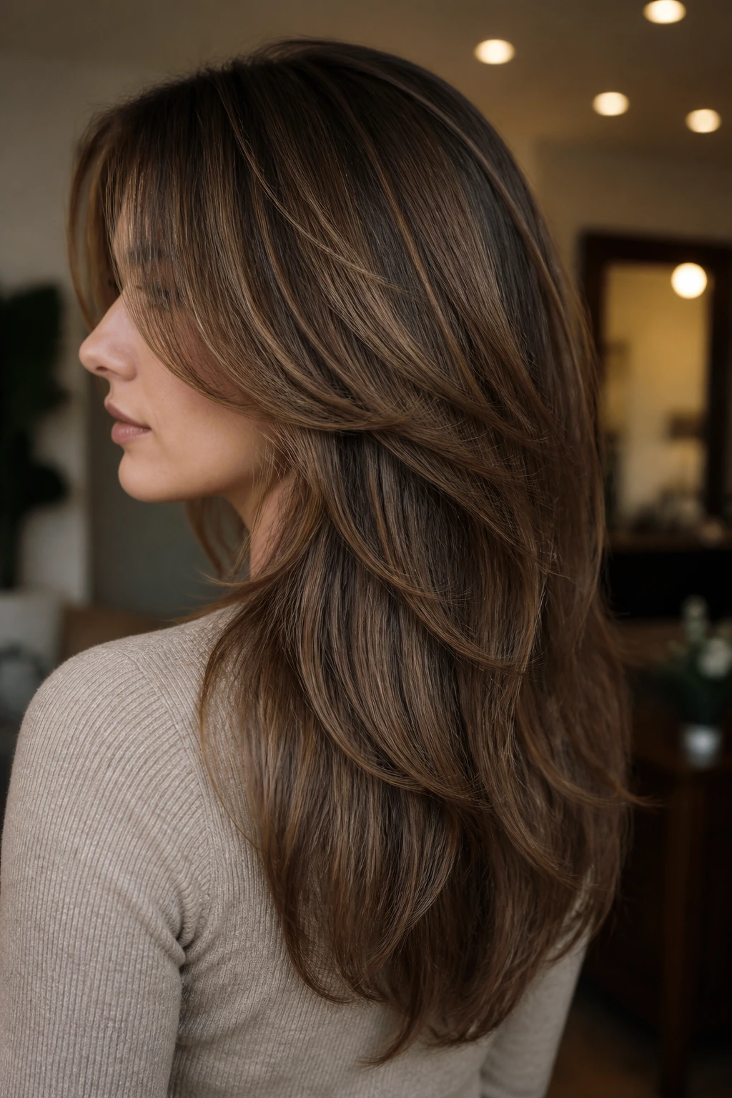 Close-up side view of midback-length shag with invisible layers on a real person