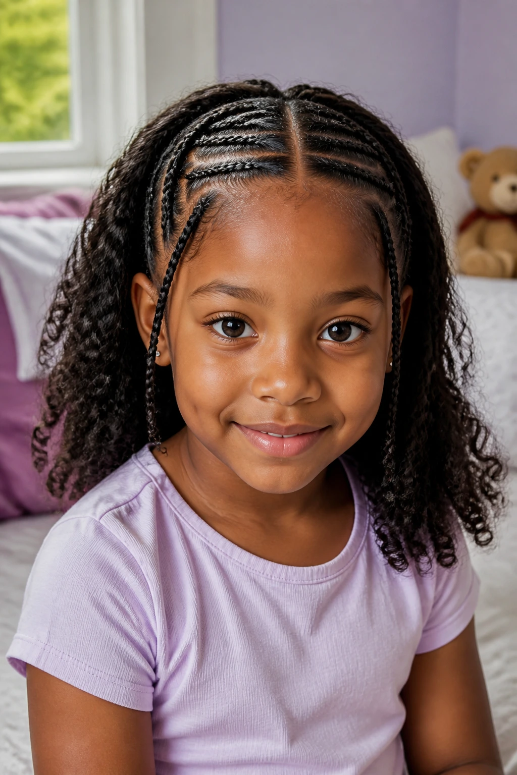 Close-up portrait of a real girl with middle-part cornrows and curly ends in soft room light