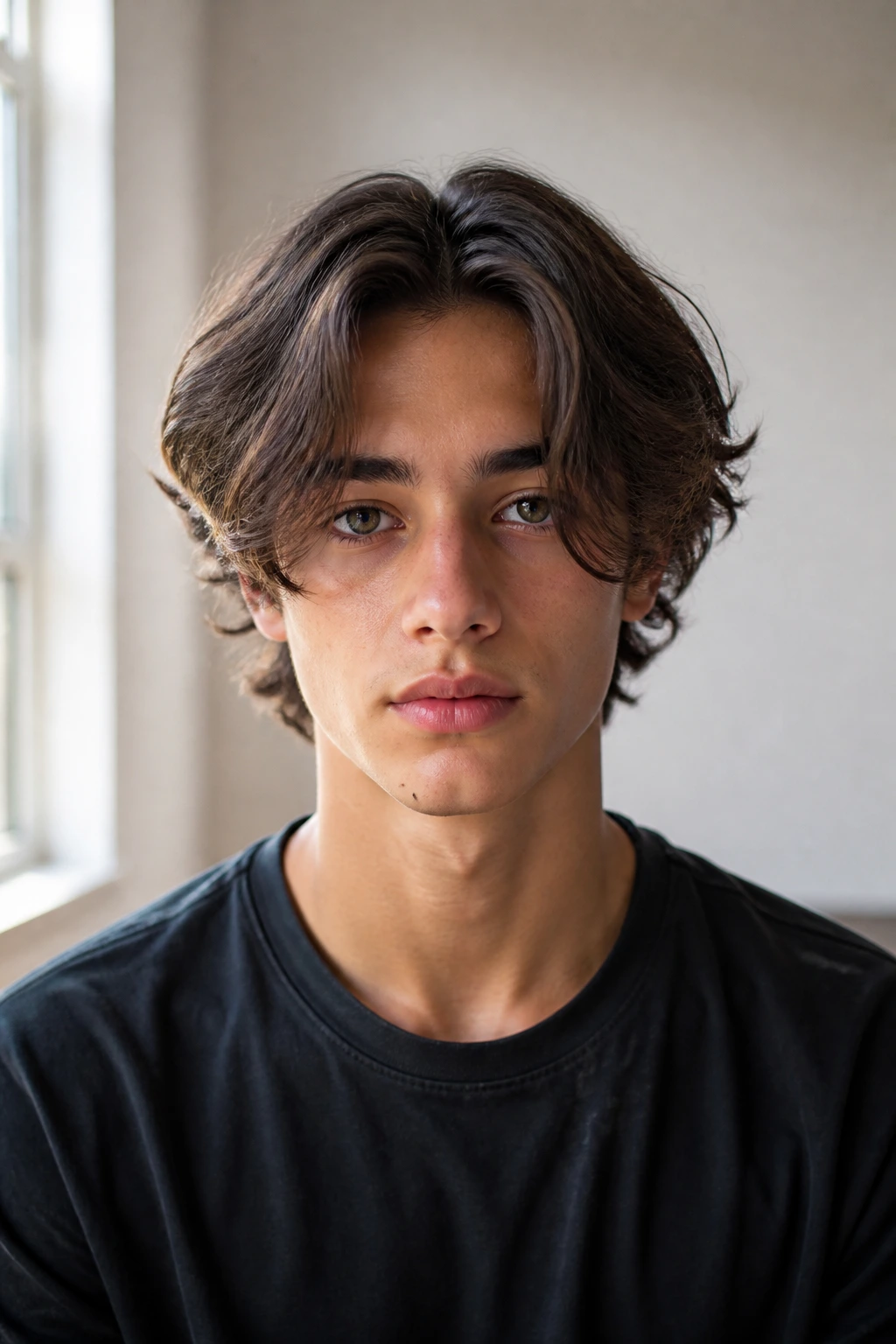 Boy with middle part and face-framing pieces portrait in a window-lit room