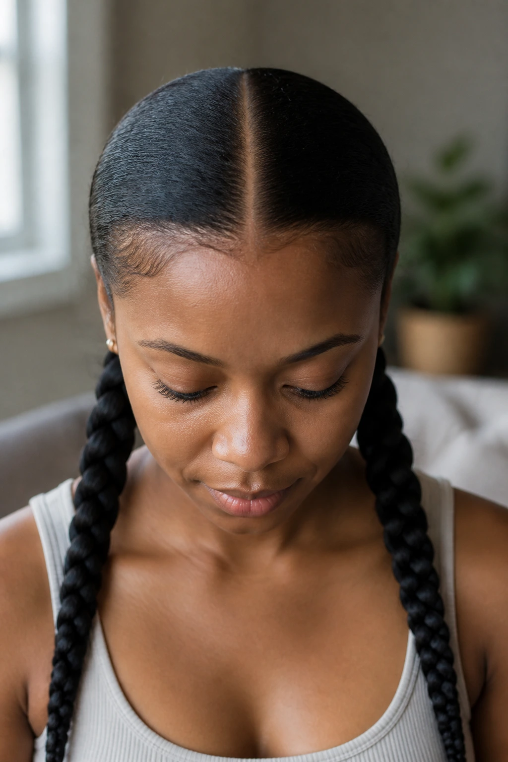 Portrait of a Black woman with a crisp middle part and smooth hair prep