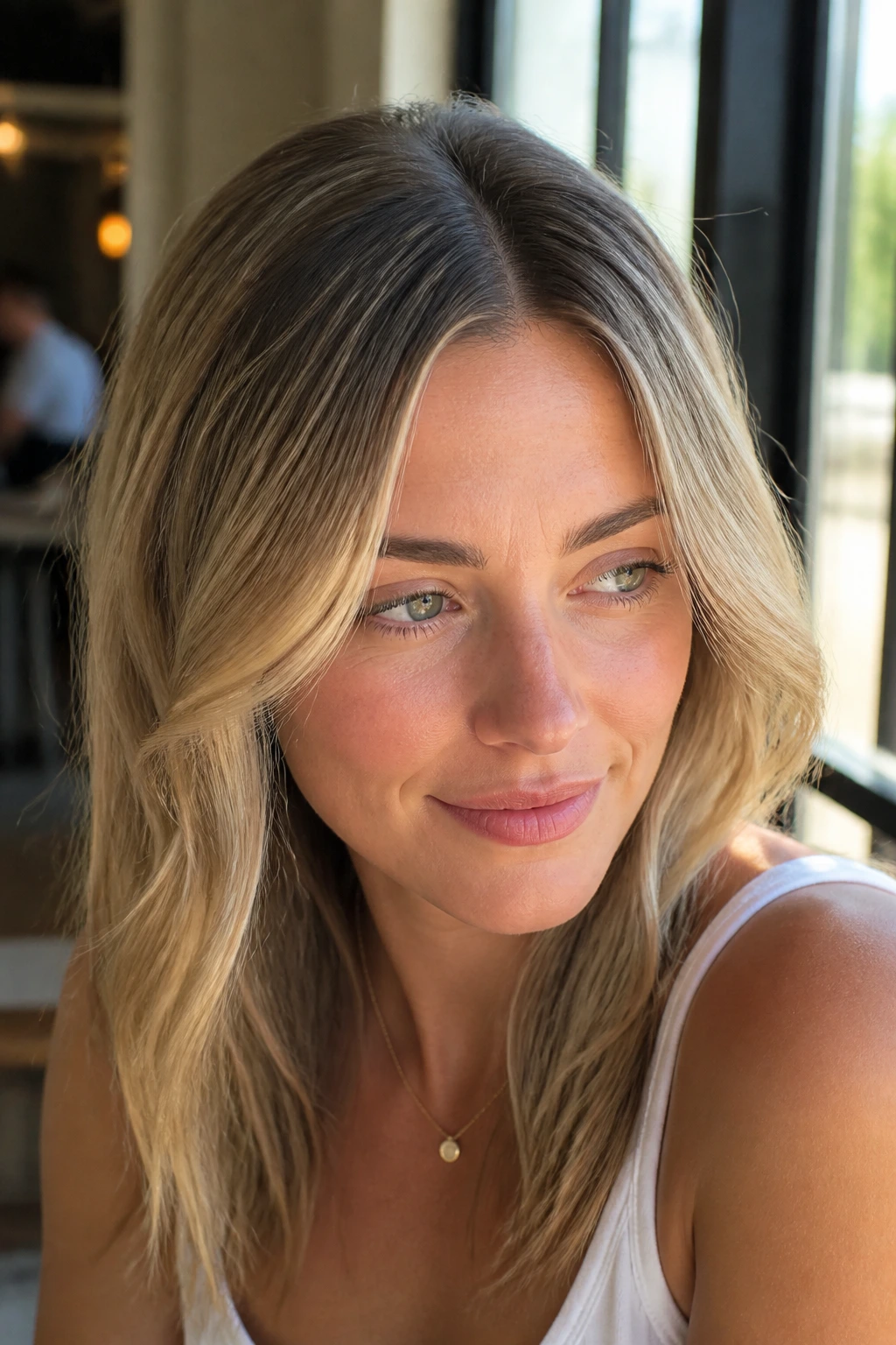 Close-up of a real person with a middle part and face-framing layers