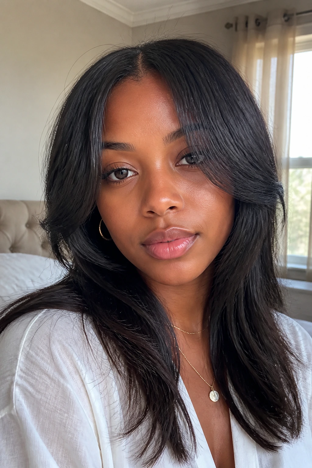 Close-up of a real woman with middle-part halo bangs framing her face.