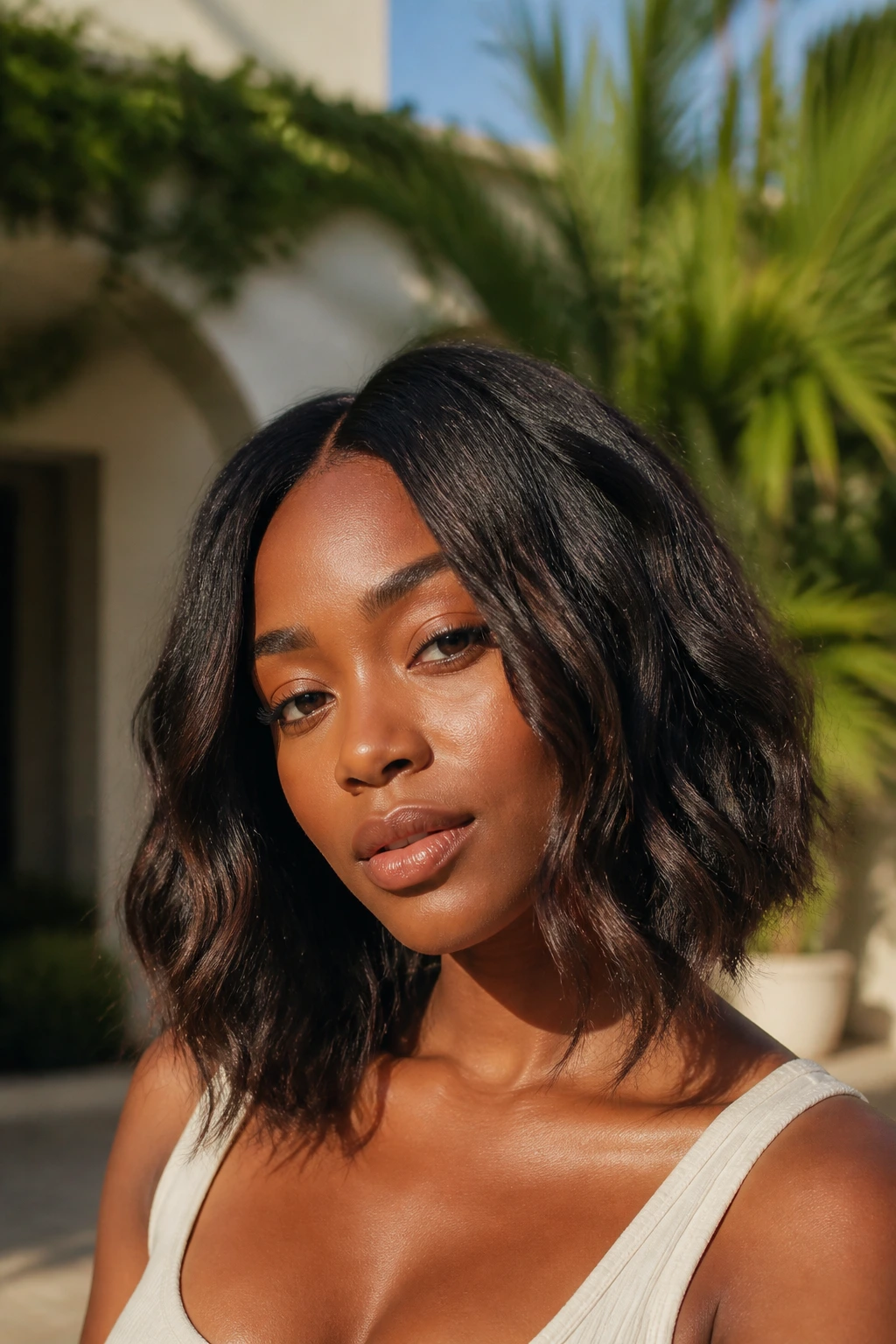 Close-up of a Black woman with a middle-part lob and beachy waves.