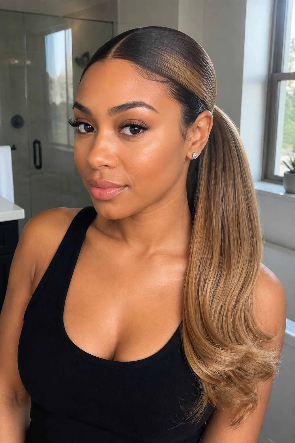 Close-up of middle-part straight ponytail with curled ends on a real person under soft window light