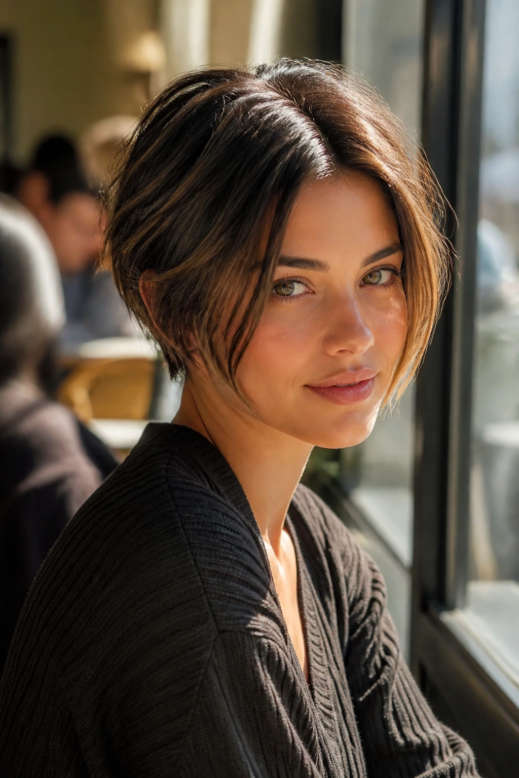 Close-up of a woman with a long middle part hairstyle on short hair at a cafe.