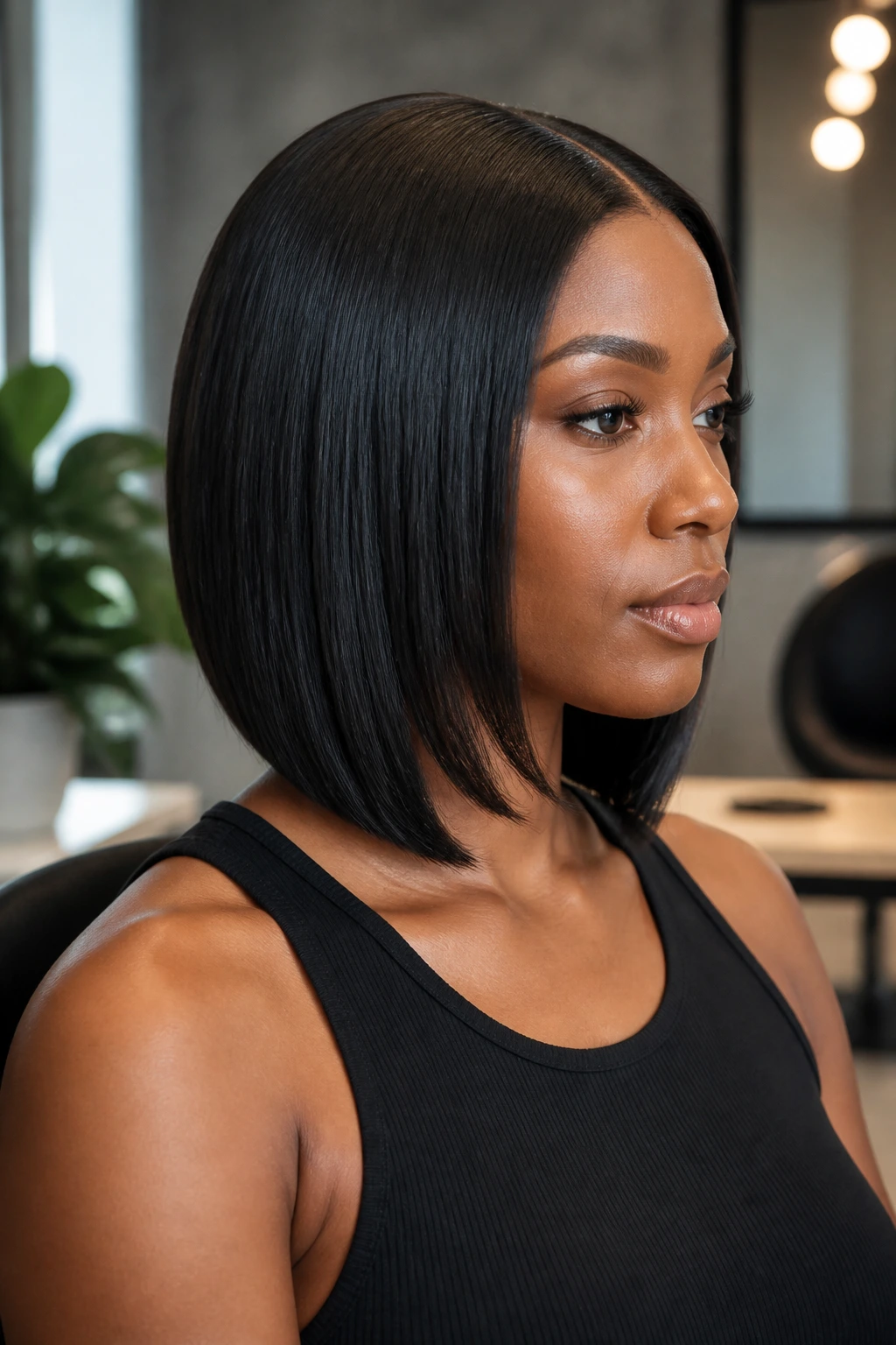 Close-up portrait of a real woman with a middle-part sleek lob and tapered underlayers
