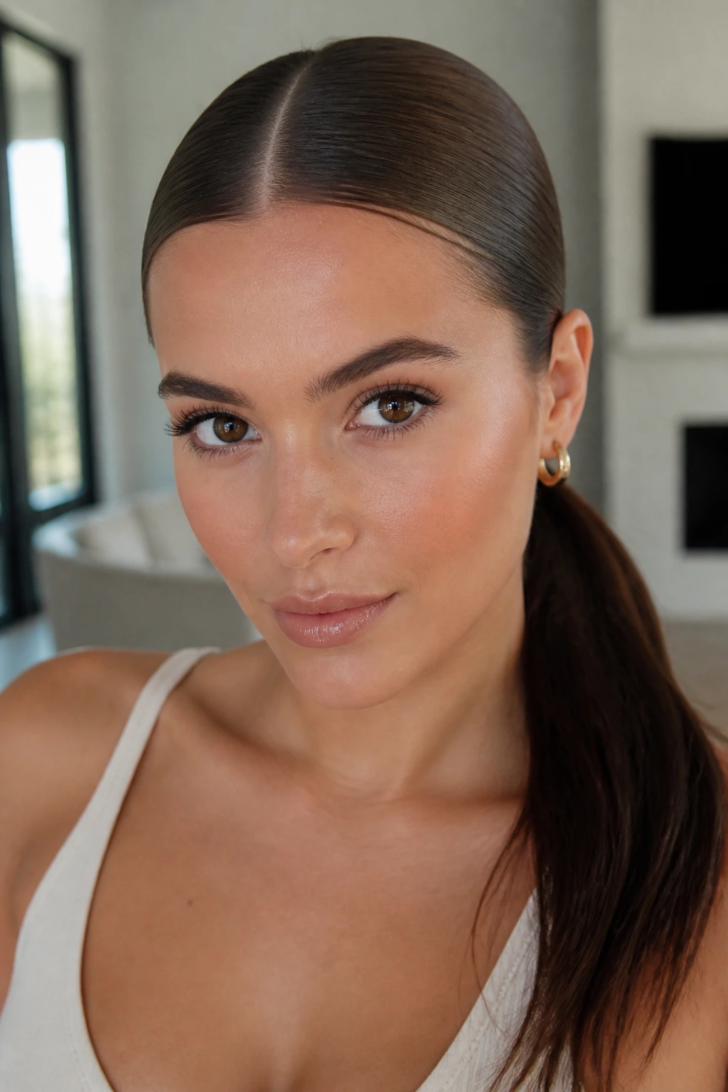 Close-up of a real woman with middle-part sleek ponytail
