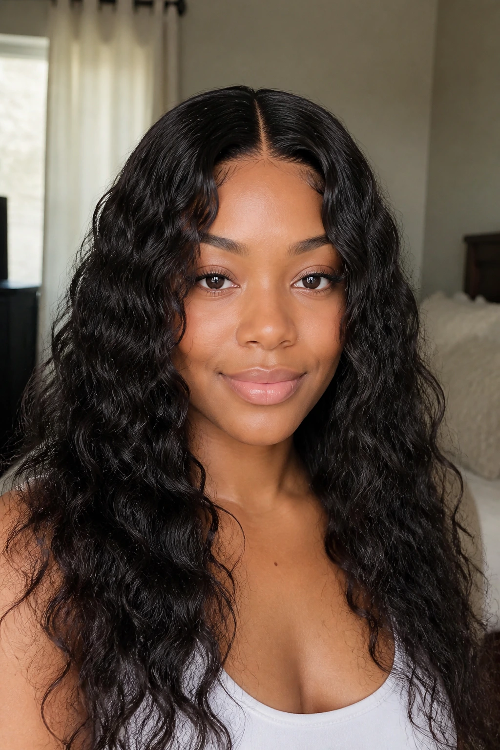 Close-up of a real woman with a middle-part and water-wave layered curls, natural light