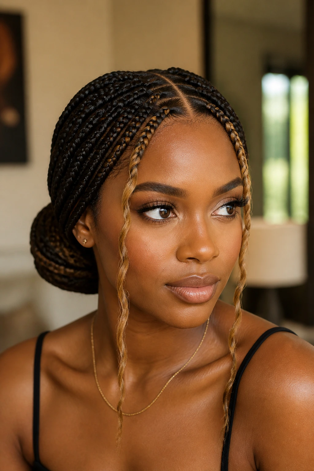 Real woman with middle part and wrapped bun with two bright strands