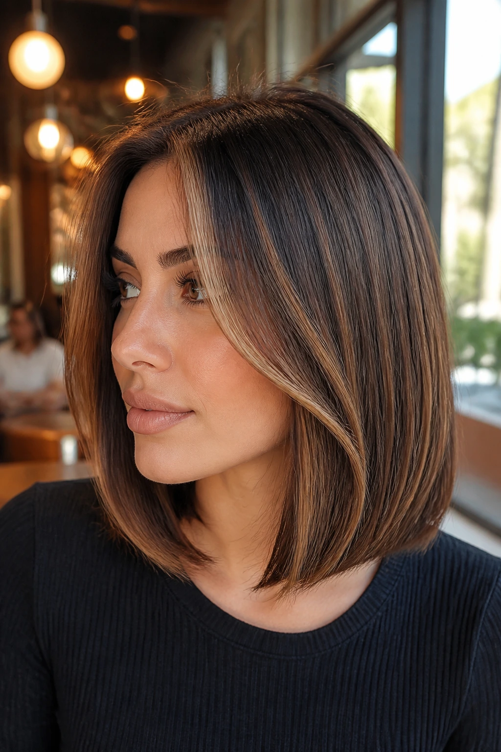 Portrait of a real woman with a midi bob, internal layers, and toffee money piece highlights.
