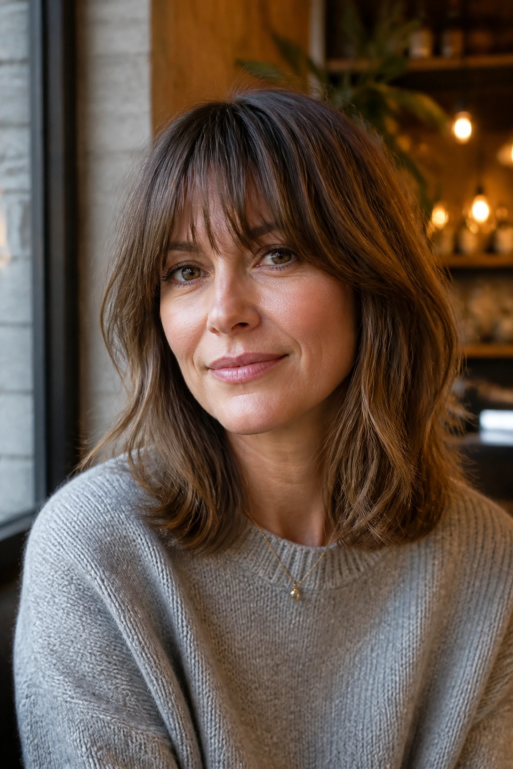 Portrait of a real woman with a midi cut and bottleneck bangs
