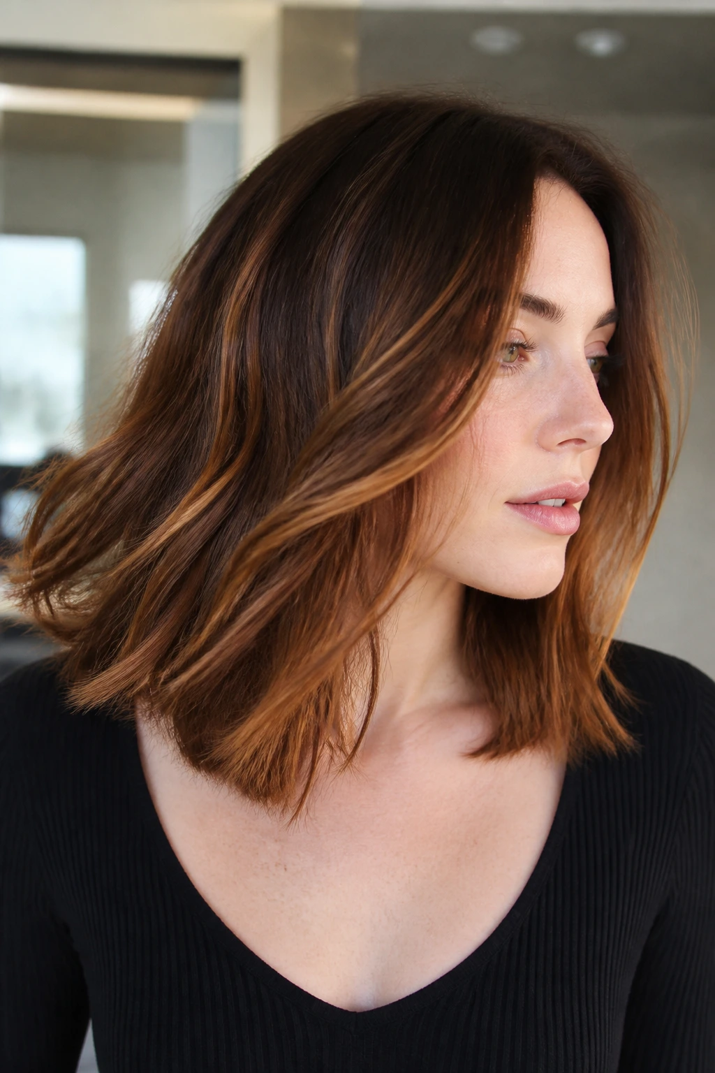 Close-up of a real woman with a rich chestnut caramel midi cut.