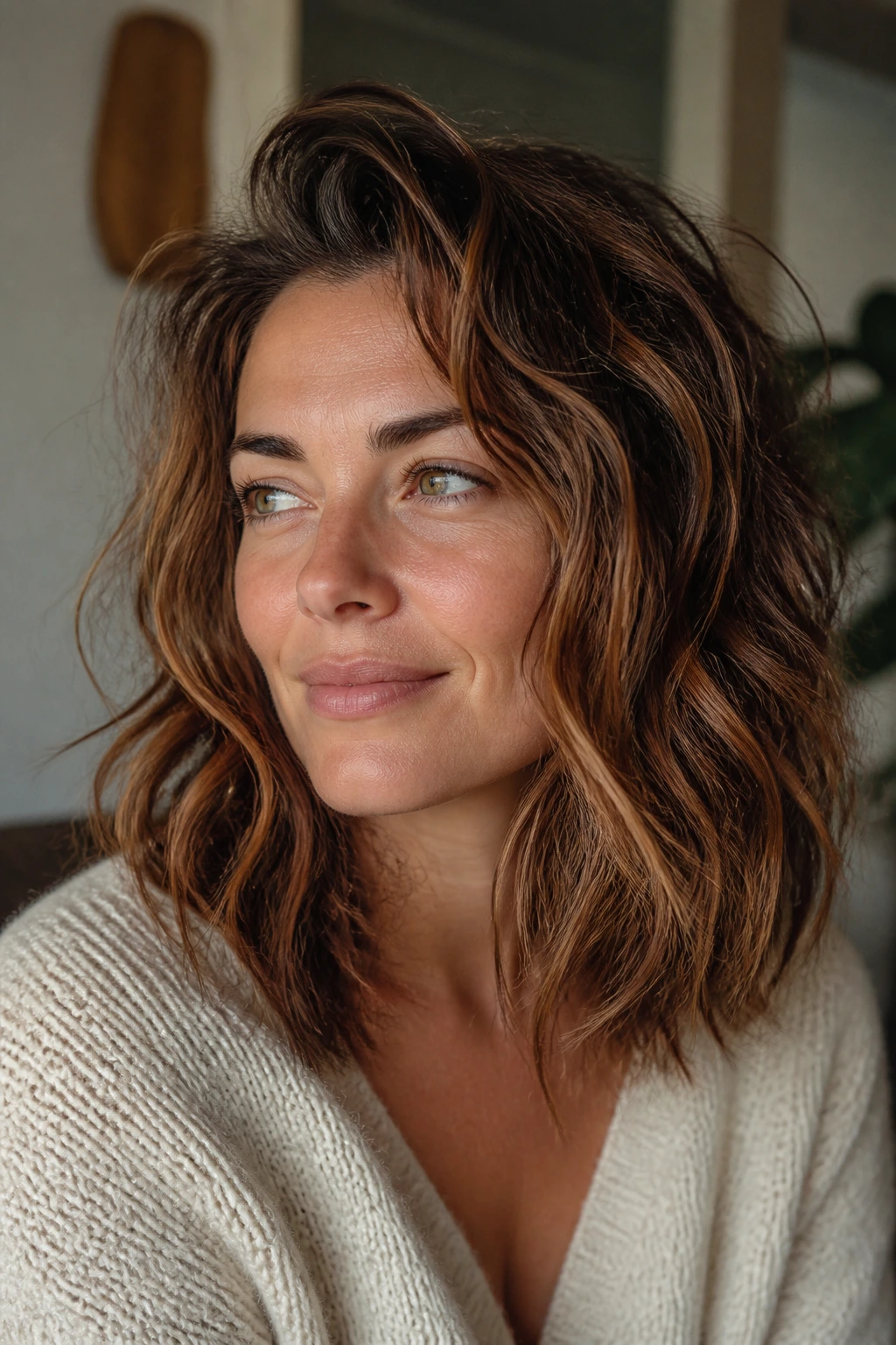Real woman with tousled midi cut and cinnamon-sugar lowlights