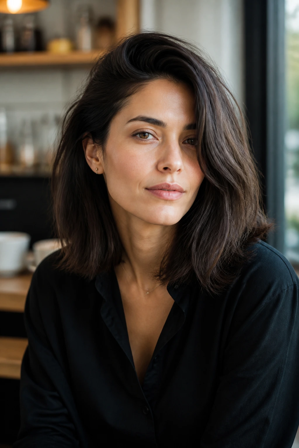 Medium close-up portrait of woman with midi cut deep side part