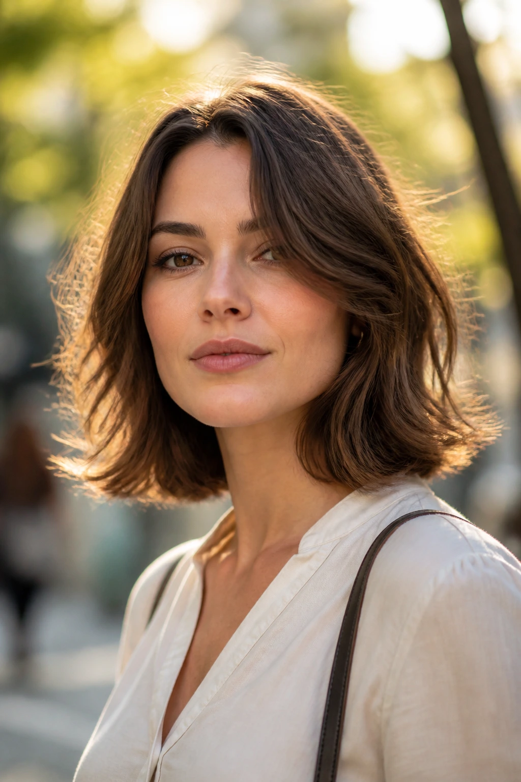 Close-up of a woman with a tousled midi cut and flipped ends