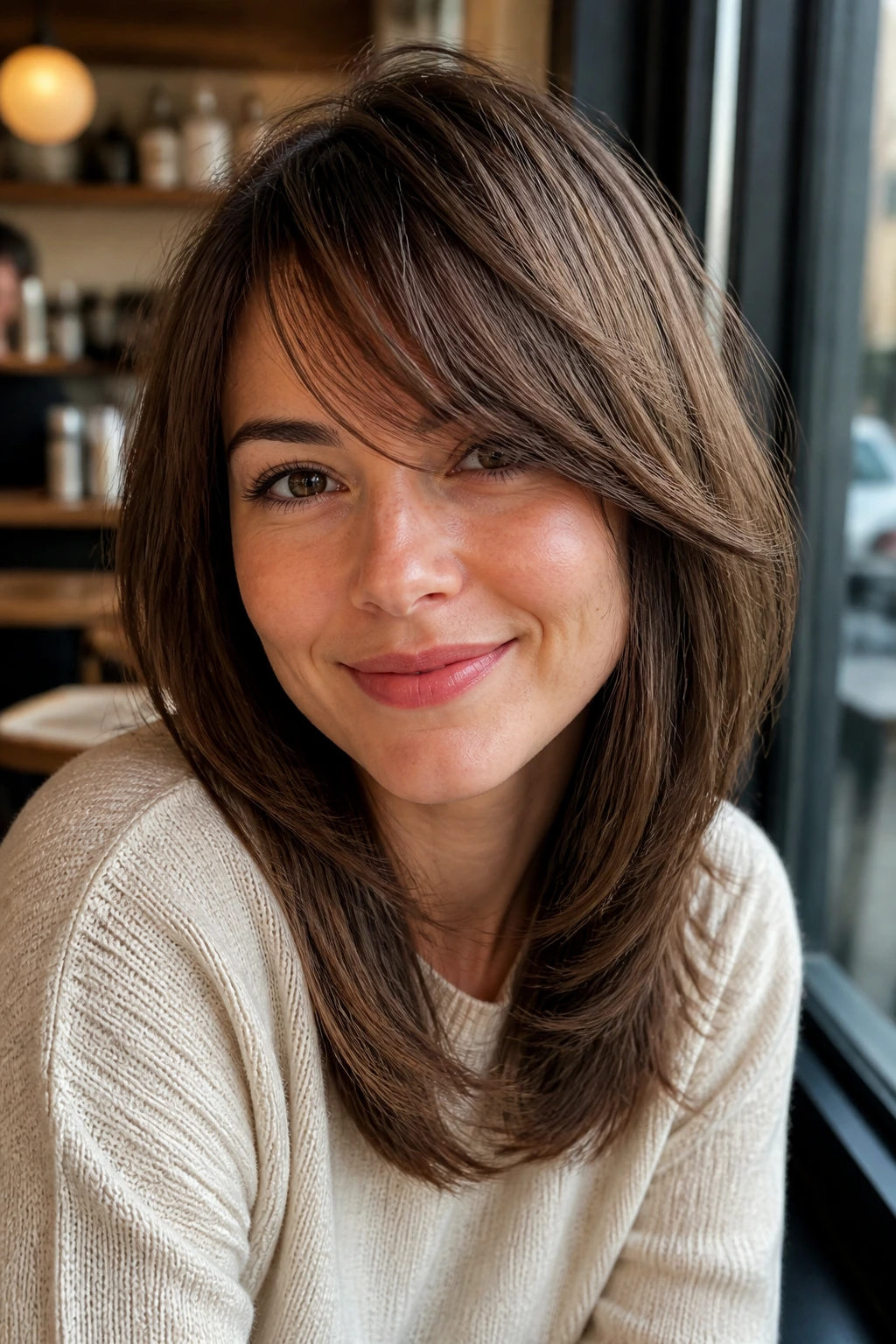 Mid-length portrait of a real person with a midi cut and internal layers