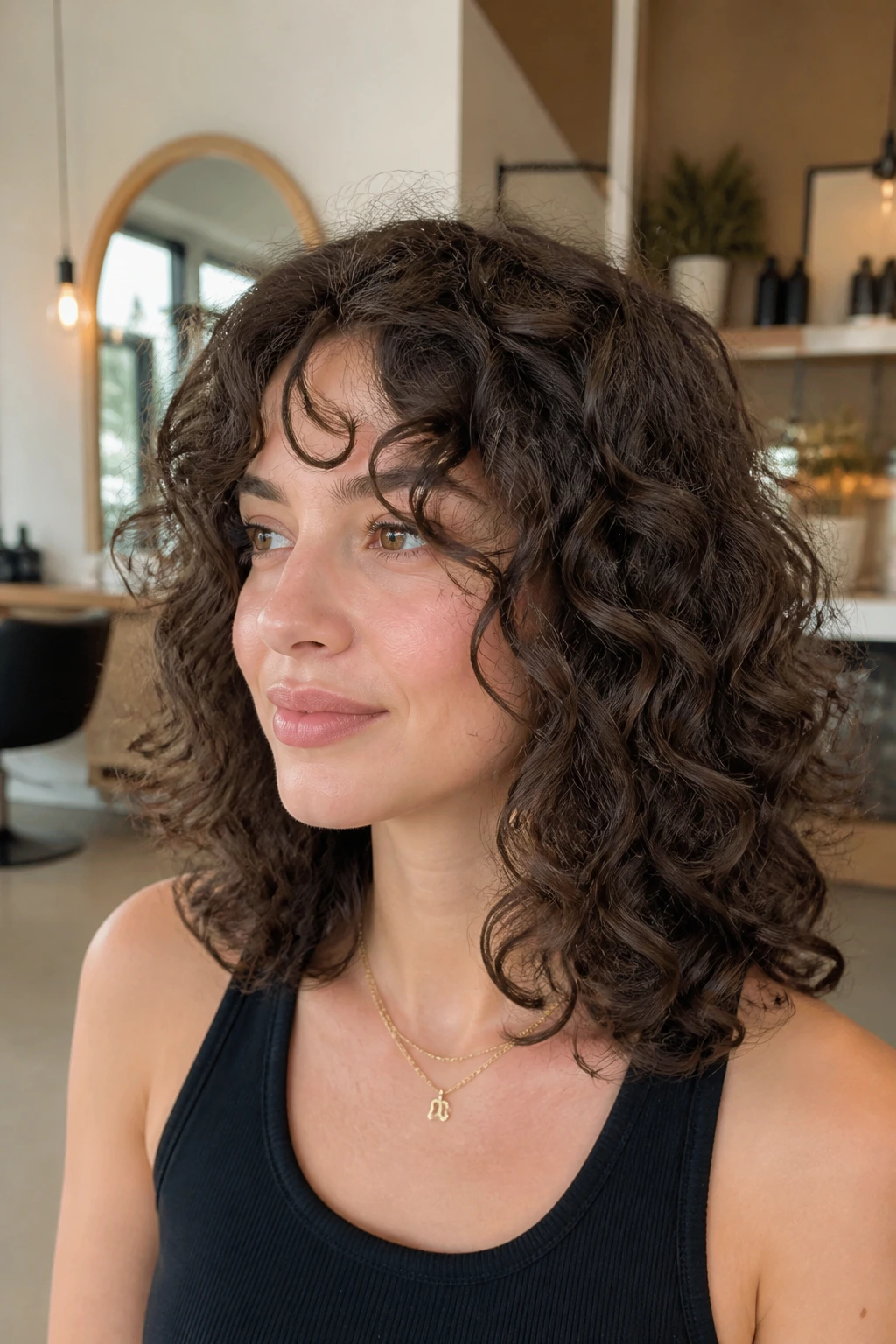 Close-up of a real woman with midi curly cut showing internal layers in a salon