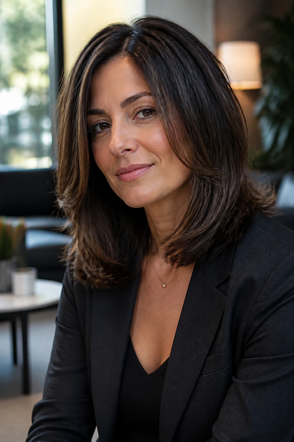 Close-up of a woman with a midi cut showing invisible internal layers