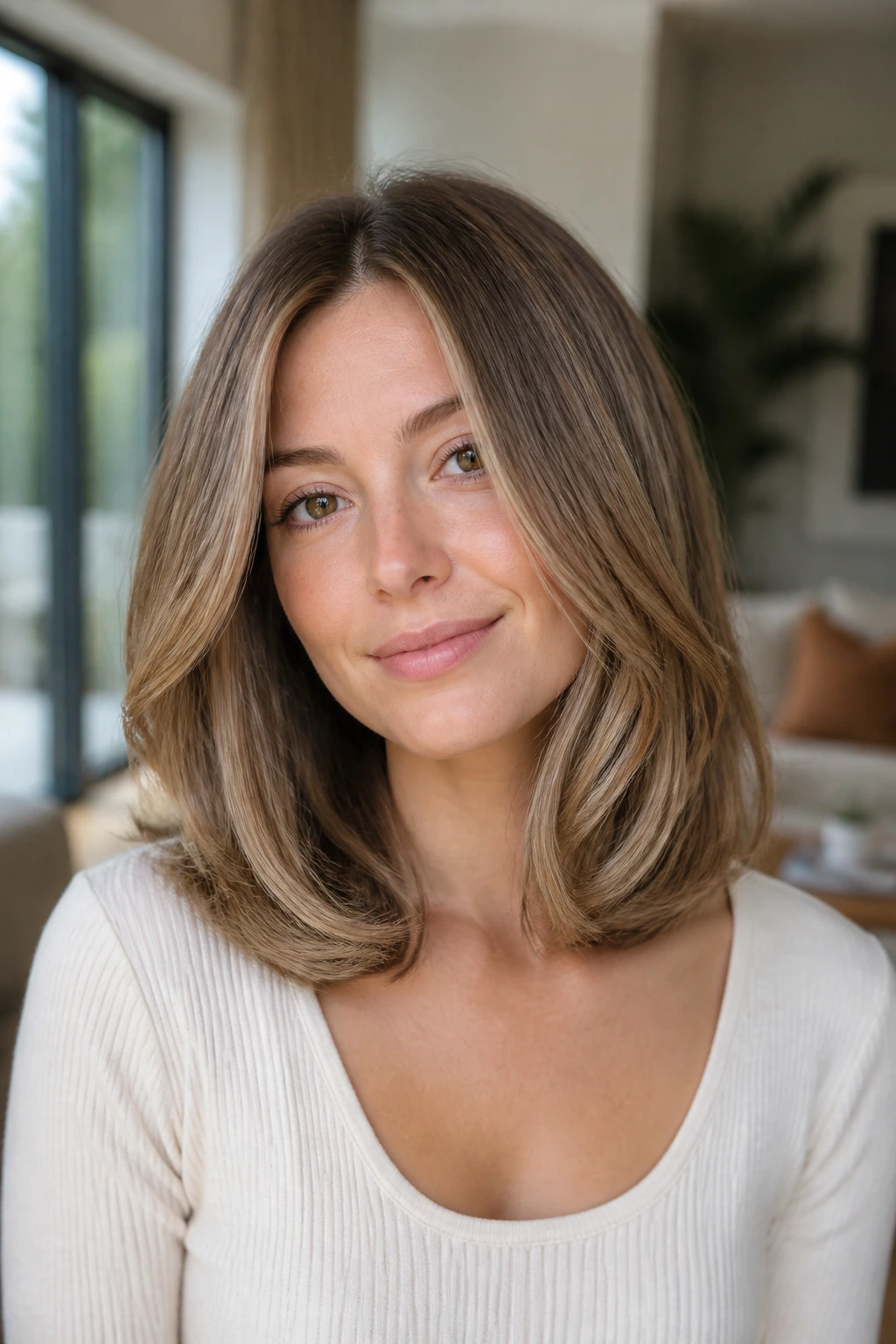 Portrait of a real woman with bouncy midi cut and rounded ends
