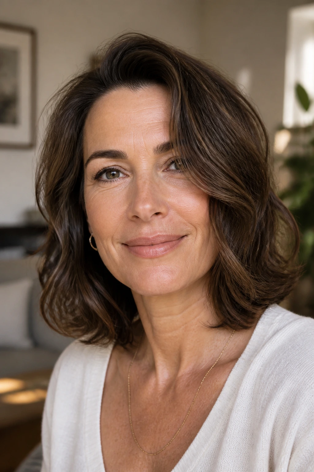 Close-up of a real woman with a midi cut and tucked-in ends