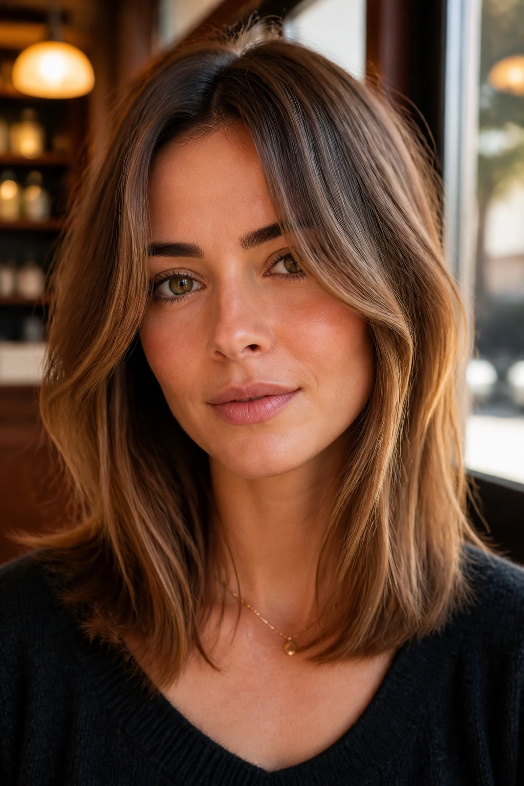 Portrait of a real person with balanced midi haircut and cheekbone pieces framing the face