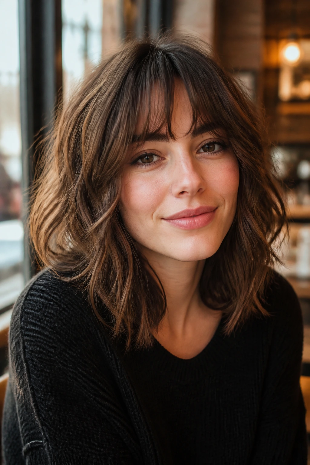 Close-up of a real person with tousled midi cut and peekaboo fringe