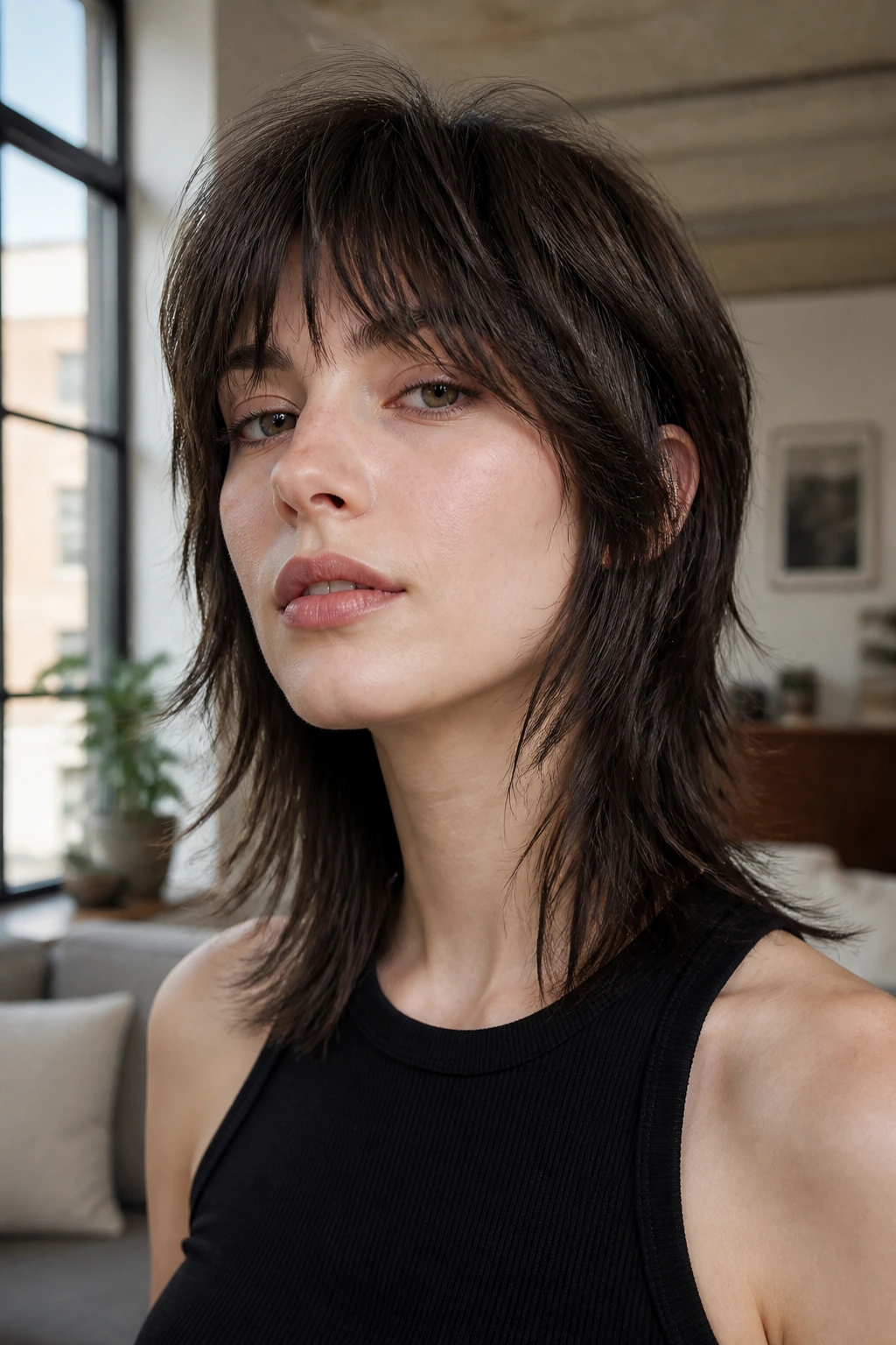 Close-up portrait of a real woman with a smoky brunette Modern Midi Mullet.