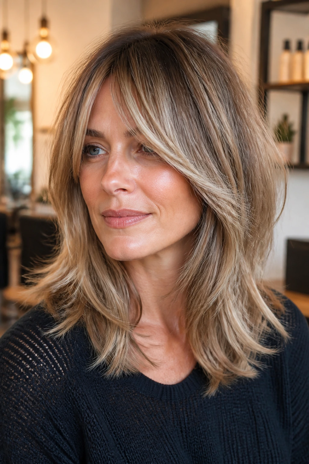 Close-up of midi shag with bottleneck bangs on a real woman
