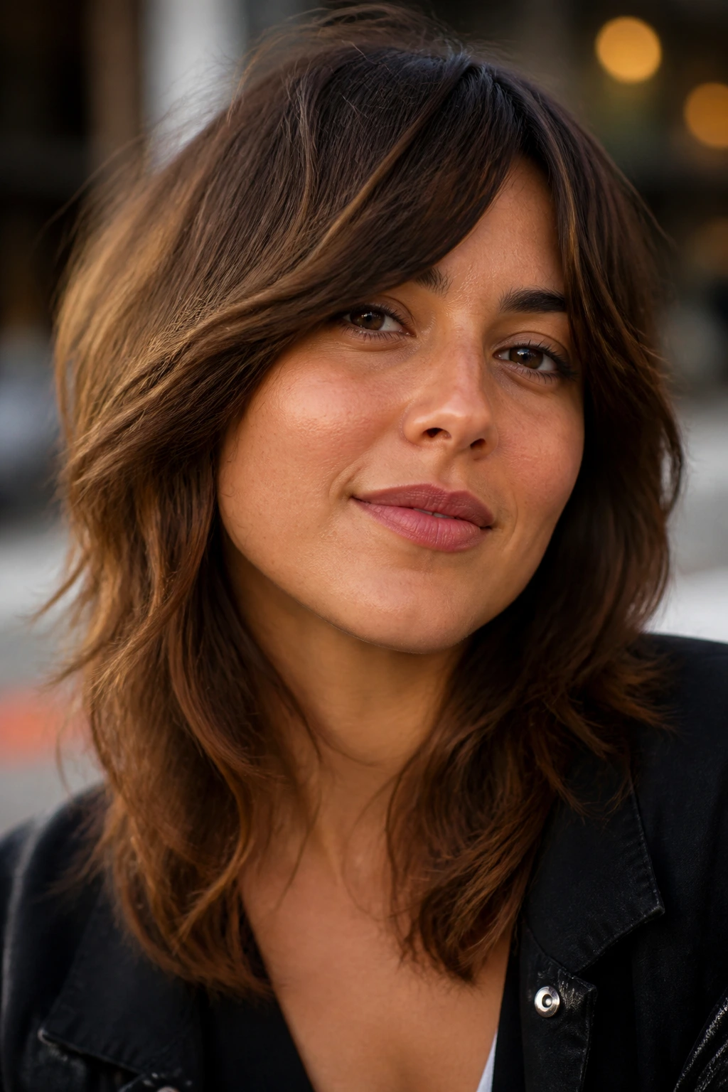 Portrait of a person with midi shag and side curtain bangs forming a diagonal line