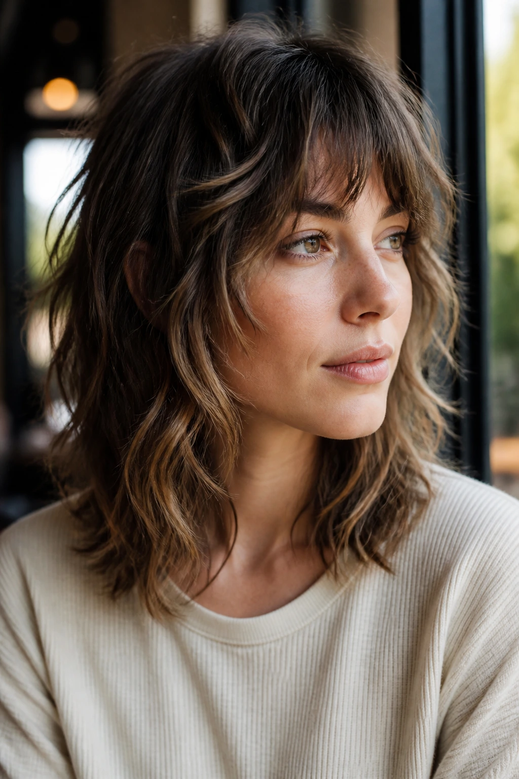 Three-quarter view of a real woman with midi shag and fringe in natural light
