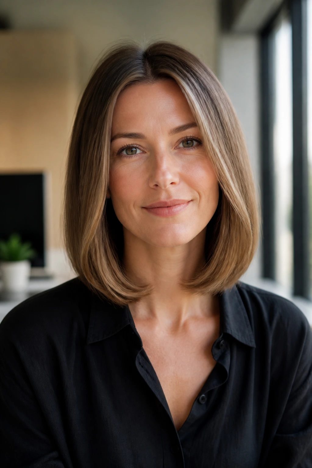Front portrait of real woman with tucked-under midi cut at shoulders