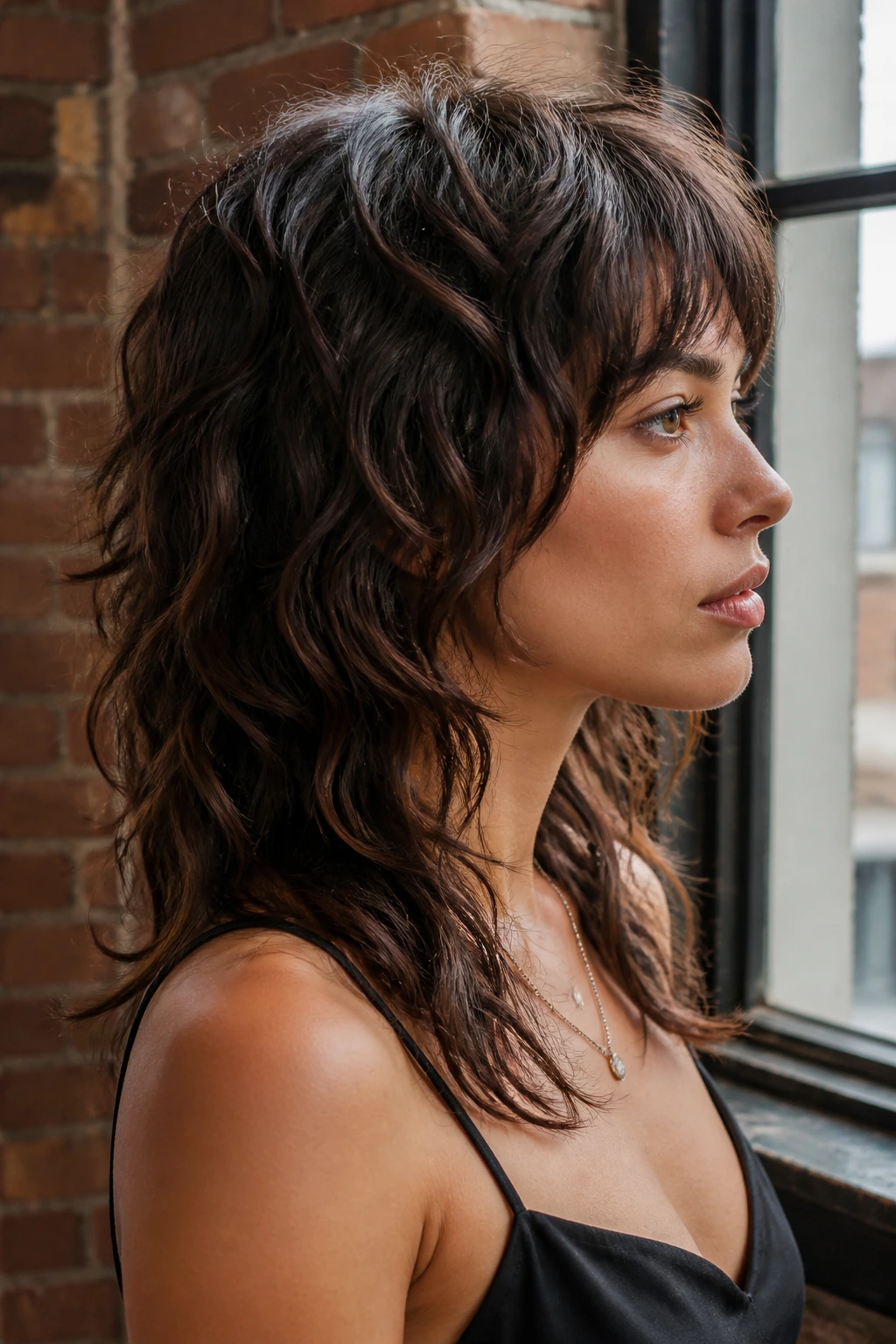 Portrait of a real person with a midi wolf cut and tapered crown