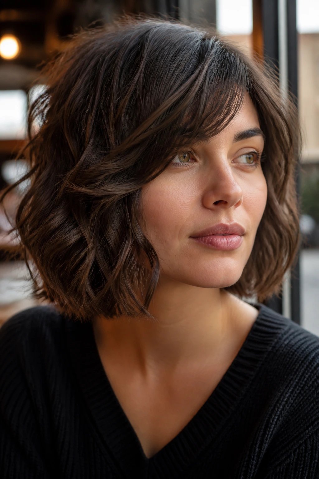Close-up of midlength bob with chin-skimming layers and side-swept bangs