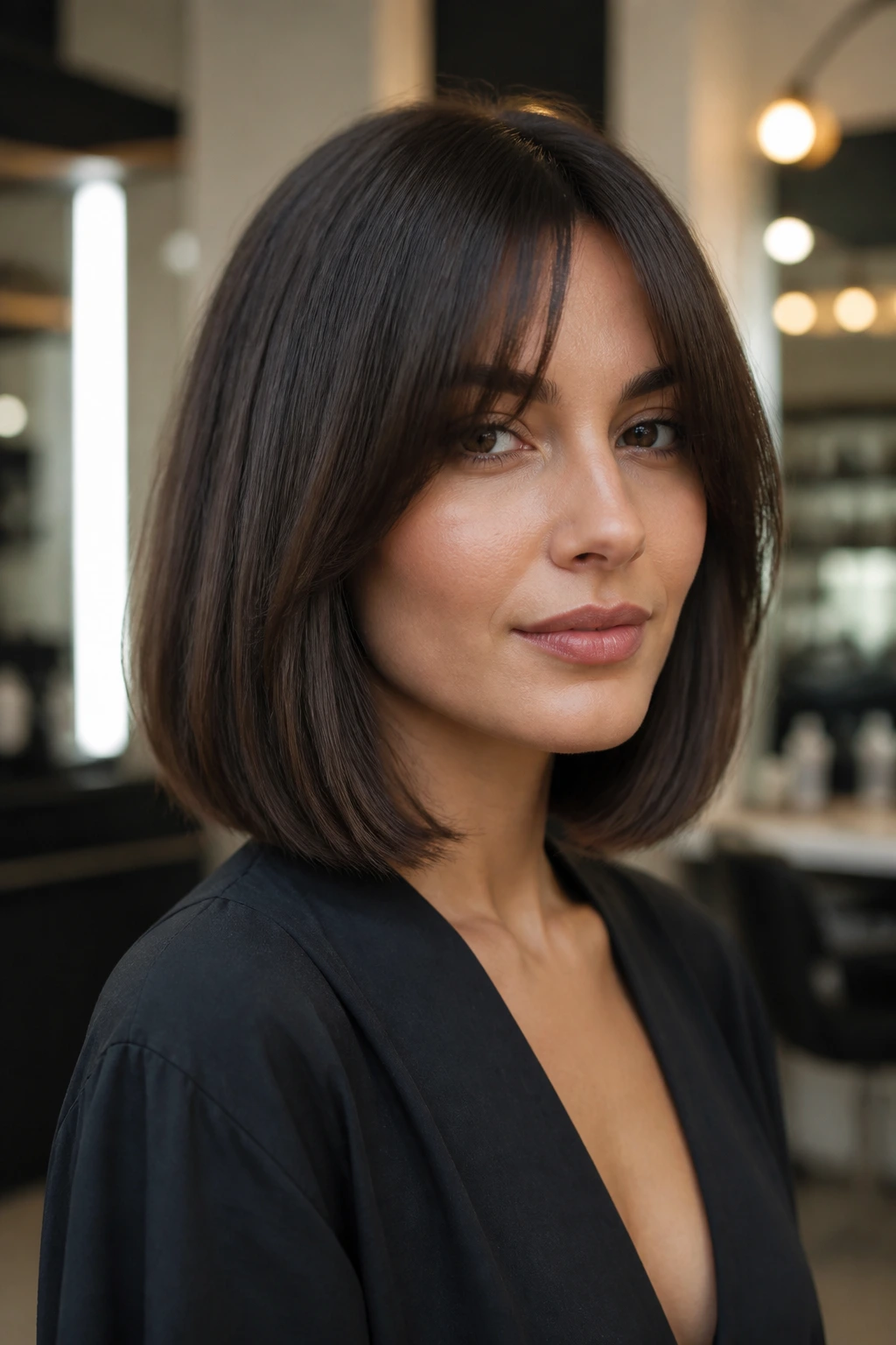Portrait of a woman with refined midlength bob low weight line in a chic salon