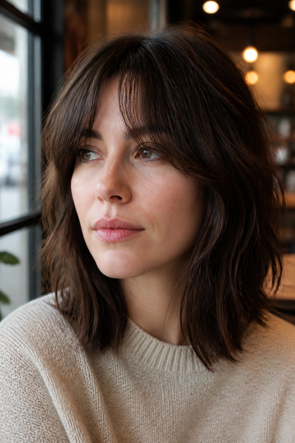 Close-up of a real woman with midlength chop and bottleneck bangs framing the face.