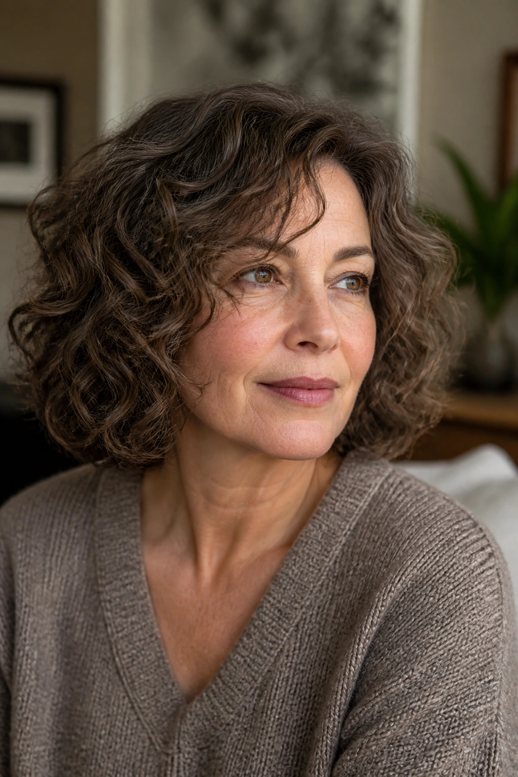 Close-up of a real woman with Midlength Curly Bob in Mushroom Brown