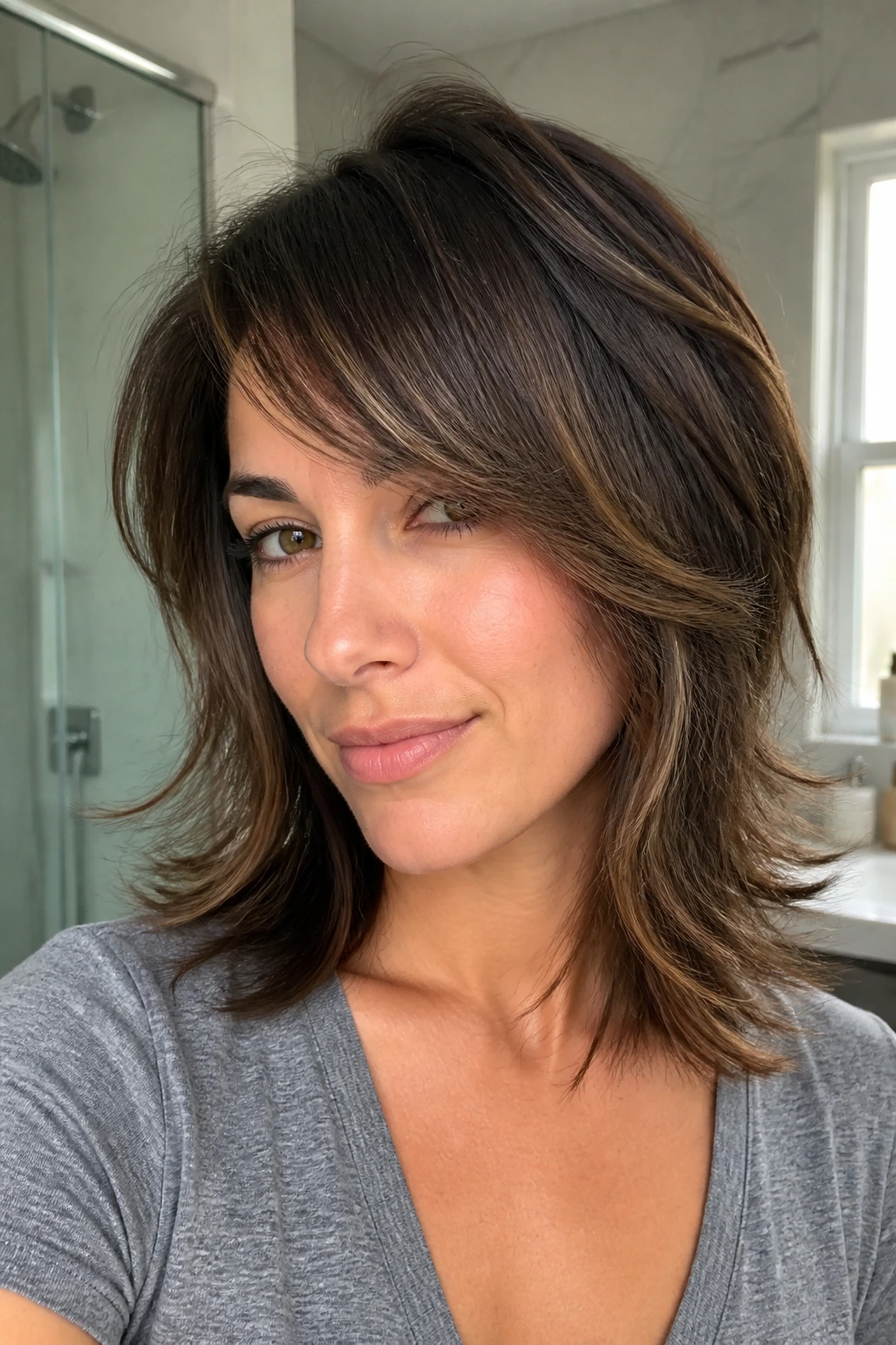 Close-up portrait of a real woman with midlength flip cut and piecey movement in a bright bathroom