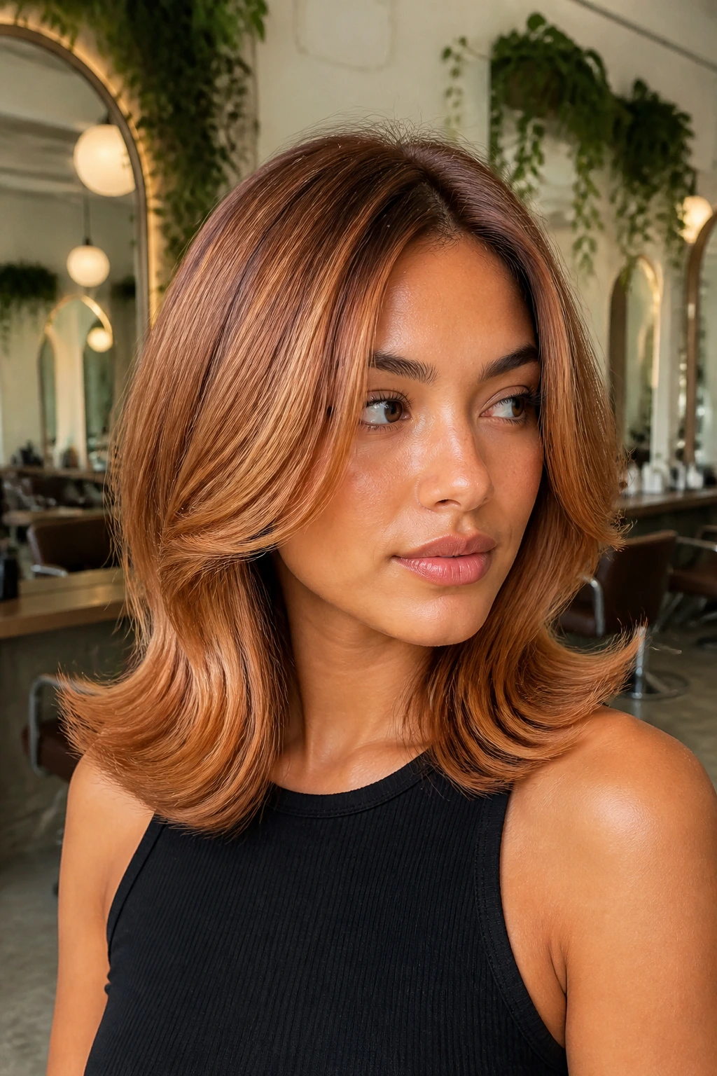 Portrait of a woman with midlength flipped ends and blended copper ends.